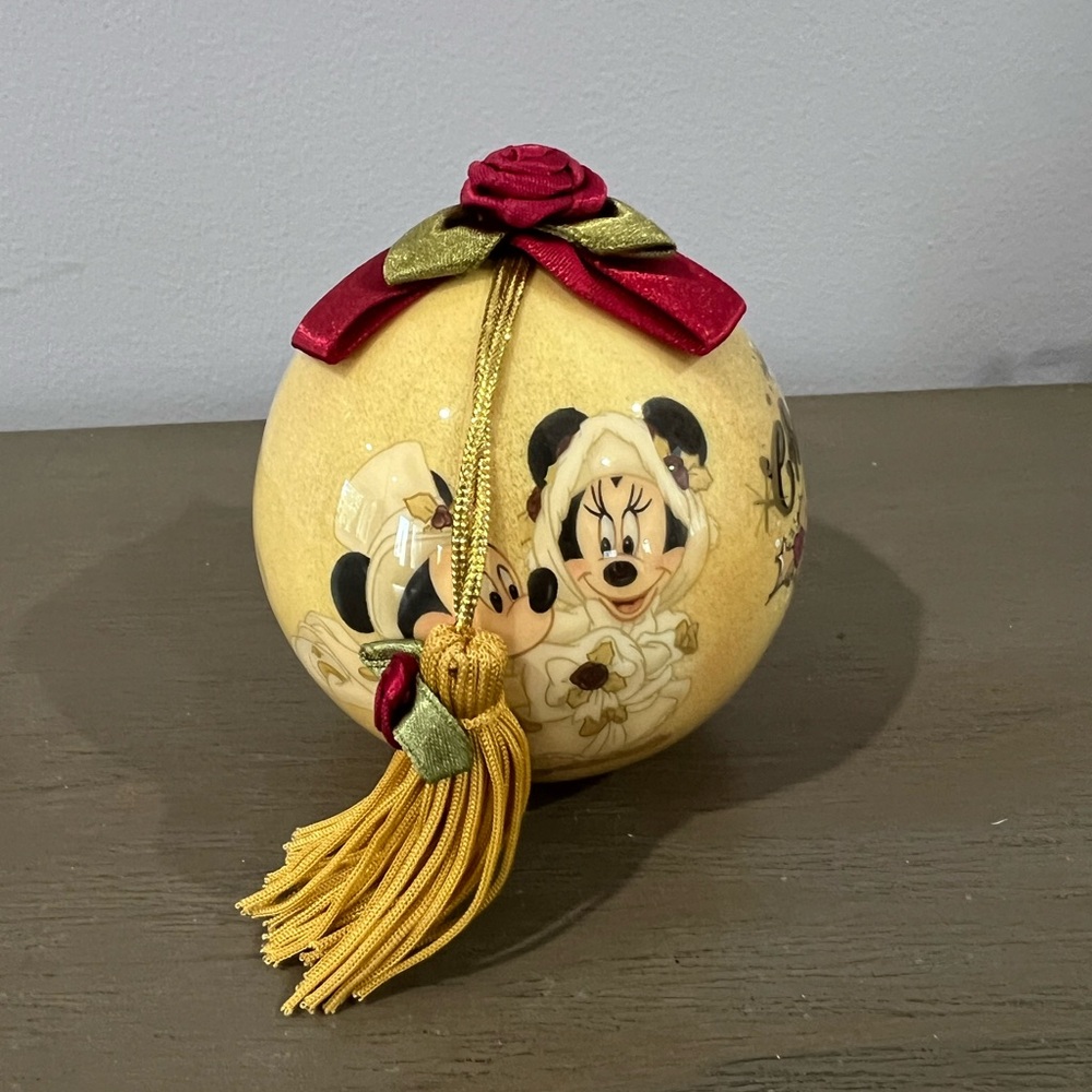 Disney Yellow Wedding Minnie & Mickey Ornament with Red and Gold Trim